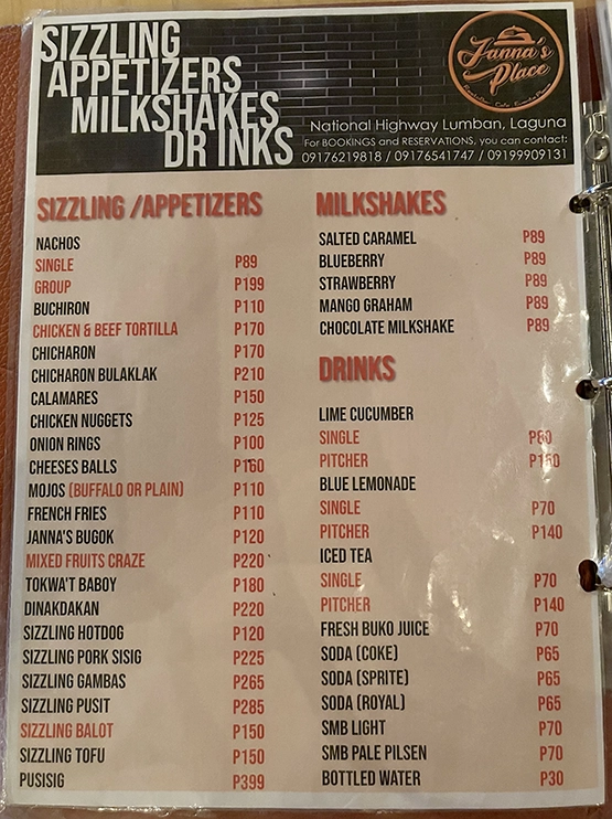 Janna's Place Lumban Laguna - Menu 1