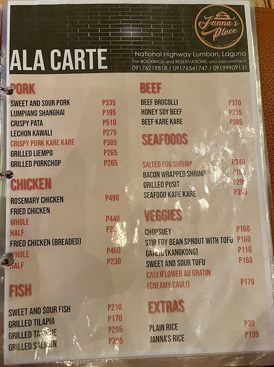Janna's Place Lumban Laguna - Menu 2