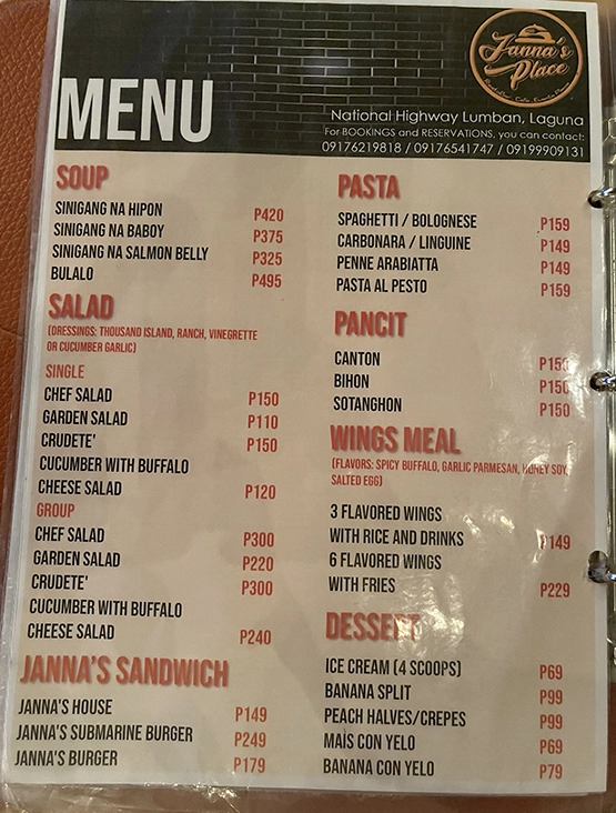 Janna's Place Lumban Laguna - Menu 3