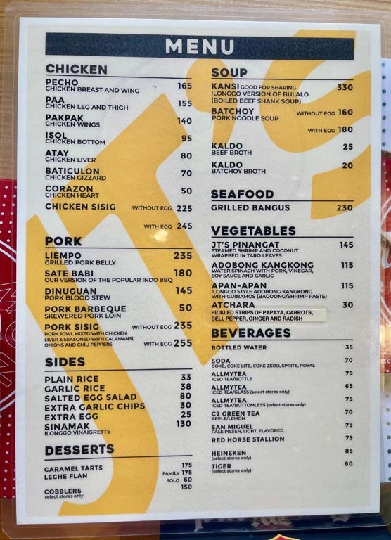 JT's manukan grille - Menu