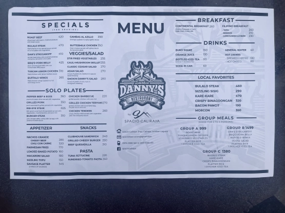 Spacio Caliraya - dannys restaurant menu