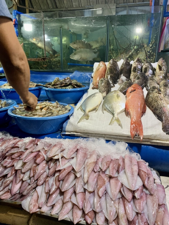 Fresh seafoods in Macapagal Seaside wet market fish pampano and squid
